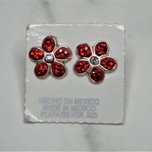 Silver(925) Red Flower Earring Studs